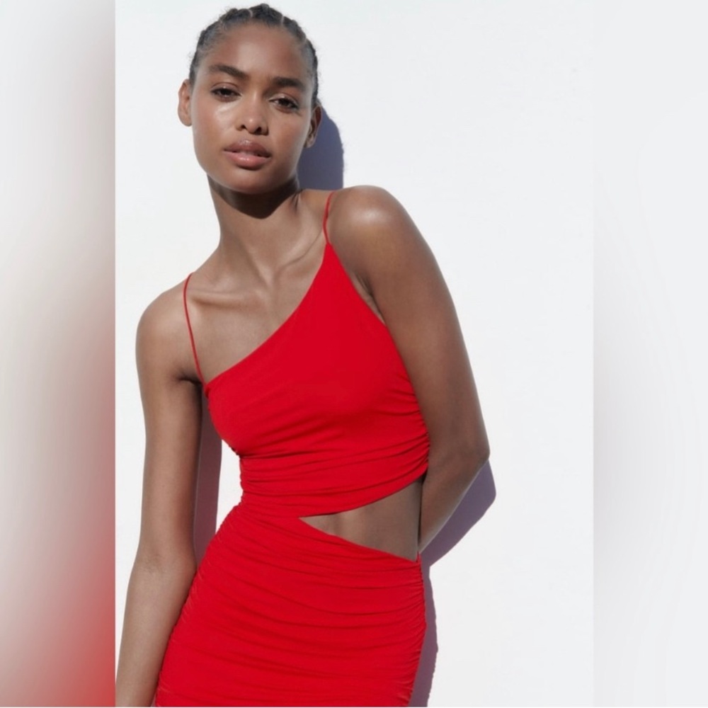 WOMAN ZARA NEW CUT OUT ASYMMETRICAL DRESS RED - Picture 14 of 16